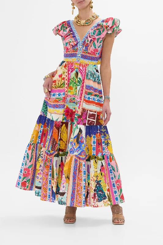 Printed maxi dresses with abstract patterns for an artistic lookTIERED DRESS WITH NECK FRILL ROEQIYAS REALM Printed maxi dresses with abstract patterns for an artistic lookTIERED DRESS WITH NECK FRILL ROEQIYAS REALM