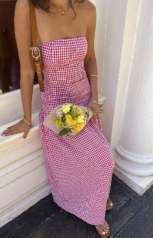 Maxi dresses with one - shoulder designs for a stylish and asymmetric lookAngela Red Gingham Maxi Dress Maxi dresses with one - shoulder designs for a stylish and asymmetric lookAngela Red Gingham Maxi Dress