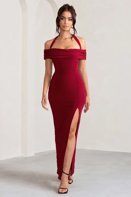 Maxi dresses with a button - down front for a classic lookAnisa | Burgundy Halter Neck Bardot Maxi Dress With Thigh Split Maxi dresses with a button - down front for a classic lookAnisa | Burgundy Halter Neck Bardot Maxi Dress With Thigh Split