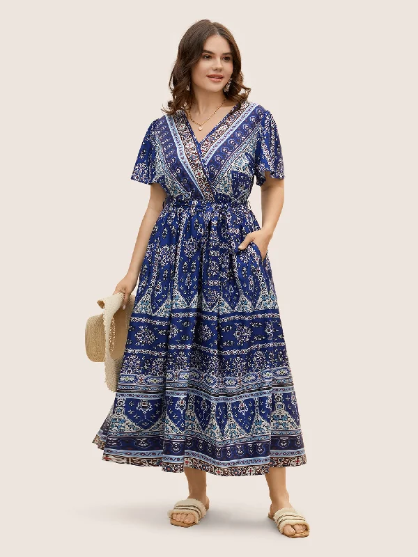 Bandana Print Wrap Gathered Maxi Dress