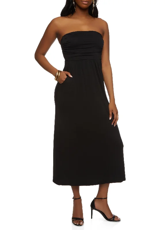 Ruffled maxi dresses with a tiered skirt for added volumeStrapless Maxi Dress