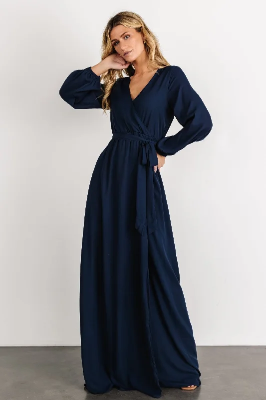 Maxi dresses with thin spaghetti straps for a delicate and feminine feelBreanne Faux Wrap Maxi Dress | Navy Maxi dresses with thin spaghetti straps for a delicate and feminine feelBreanne Faux Wrap Maxi Dress | Navy