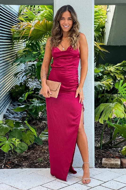 Maxi dresses with a cinched waist for a defined silhouetteBurgundy Satin Dress With Ruched Side Maxi dresses with a cinched waist for a defined silhouetteBurgundy Satin Dress With Ruched Side