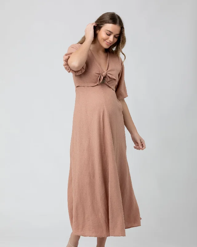 Maxi dresses with bow accents at the waist for a sweet appearanceCamille Tie Front Linen Dress Clay Maxi dresses with bow accents at the waist for a sweet appearanceCamille Tie Front Linen Dress Clay