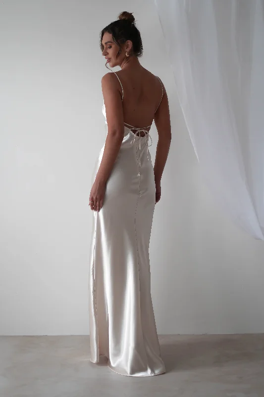 Ruffled maxi dresses with a tiered skirt for added volumeCelinee Satin Maxi Gown | Pearl/Champagne Ruffled maxi dresses with a tiered skirt for added volumeCelinee Satin Maxi Gown | Pearl/Champagne