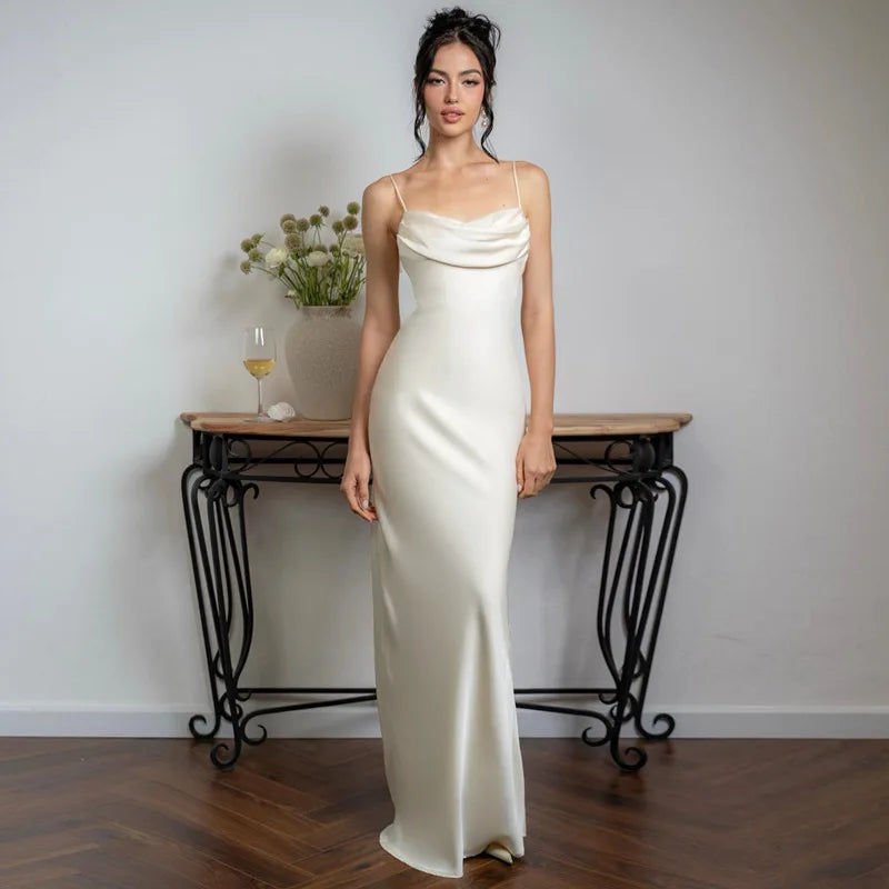 Maxi dresses with fringe trim for a bohemian vibeWhite Satin Sexy Spaghetti Straps Backless Fashionable V-neck Stylish Maxi Dress Maxi dresses with fringe trim for a bohemian vibeWhite Satin Sexy Spaghetti Straps Backless Fashionable V-neck Stylish Maxi Dress