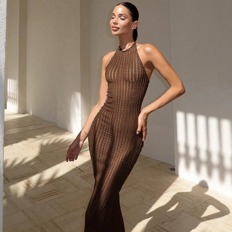 Polyester maxi dresses for easy - care and durabilityKnitted Hollow Out Sheer Backless Slim Beach Halter Neck Stylish Maxi Dress Polyester maxi dresses for easy - care and durabilityKnitted Hollow Out Sheer Backless Slim Beach Halter Neck Stylish Maxi Dress