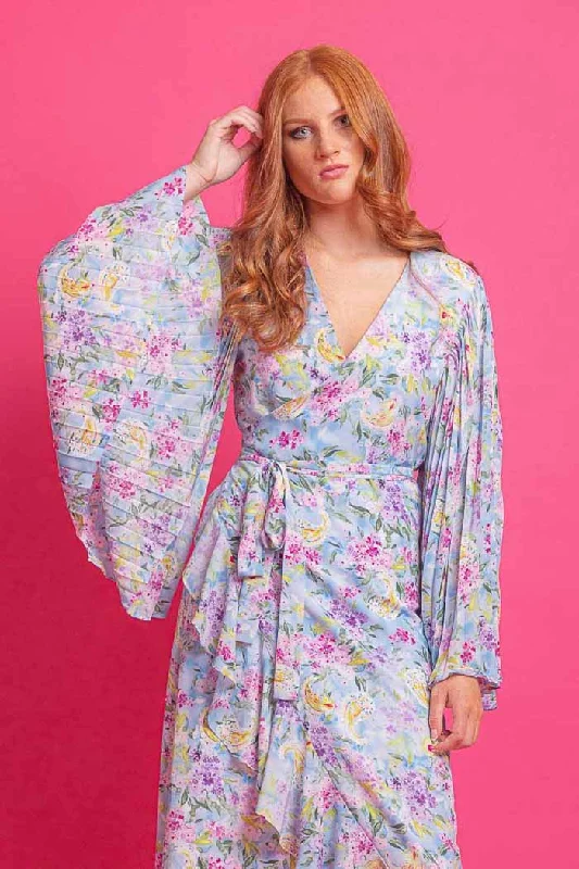Maxi dresses with pom - pom trims for a playful and festive lookDaisy Wrap Dress Blue Floral