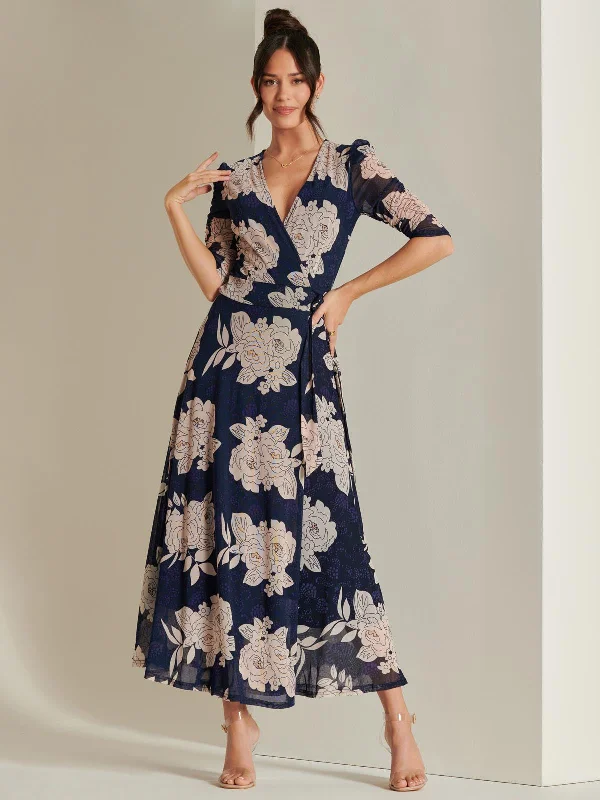 Denim maxi dresses with frayed hems for a casual lookDaliyah Wrap Front Mesh Maxi Dress, Navy Floral Denim maxi dresses with frayed hems for a casual lookDaliyah Wrap Front Mesh Maxi Dress, Navy Floral