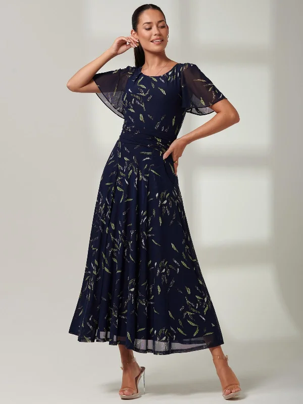 Maxi dresses with thin spaghetti straps for a delicate and feminine feelElvira Print Mesh Maxi Dress, Navy Leafy