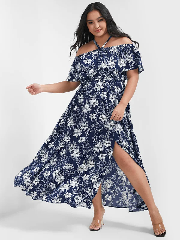 Bloom Dress - Floral Print Halter Off Shoulder Split Maxi Dress