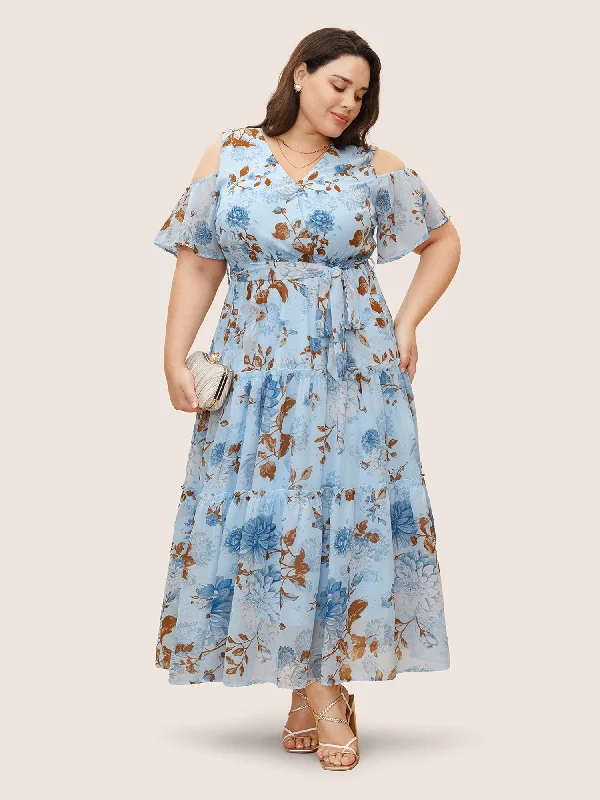 Floral Wrap Mesh Ruffle Sleeve Dress