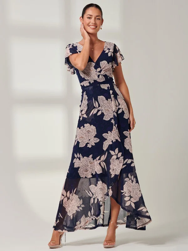 Maxi dresses with a V - neckline for a flattering and elongating shapeGisselle Ruffle Hem Mesh Maxi Dress, Navy Floral Maxi dresses with a V - neckline for a flattering and elongating shapeGisselle Ruffle Hem Mesh Maxi Dress, Navy Floral