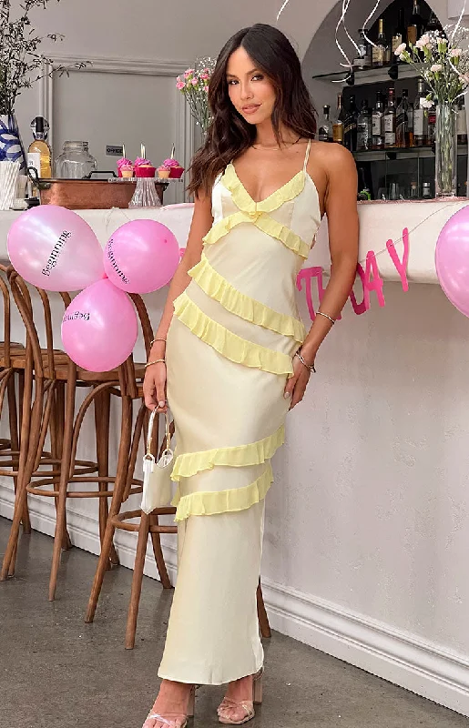 Strapless maxi dresses for a beachside vacationInara Yellow Ruffle Maxi Dress