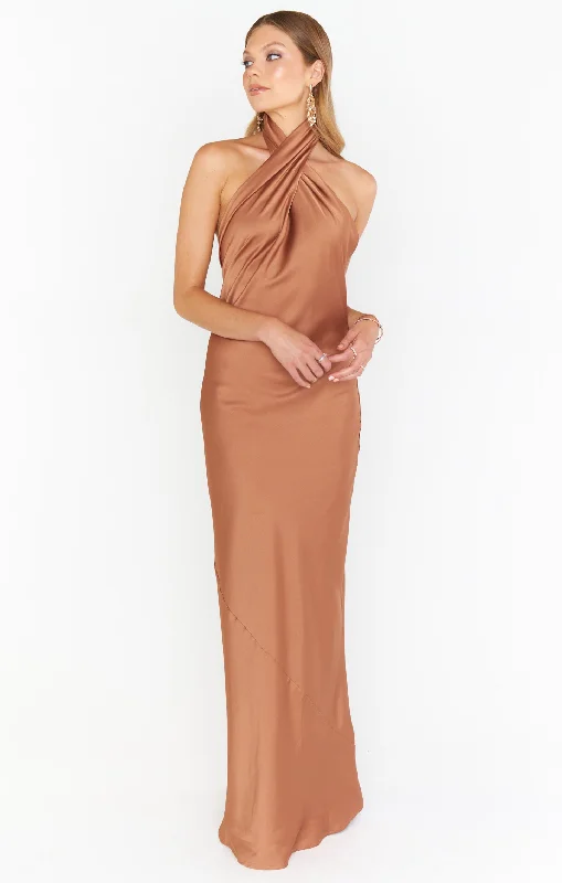 Maxi dresses with a button - down front for a classic lookJasmine Halter Maxi Dress ~ Copper Luxe Satin Maxi dresses with a button - down front for a classic lookJasmine Halter Maxi Dress ~ Copper Luxe Satin