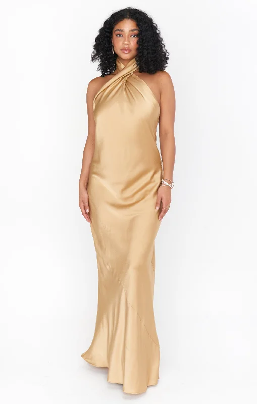 Maxi dresses with ribbed textures for a unique and tactile lookJasmine Halter Maxi Dress ~ True Gold Luxe Satin Maxi dresses with ribbed textures for a unique and tactile lookJasmine Halter Maxi Dress ~ True Gold Luxe Satin