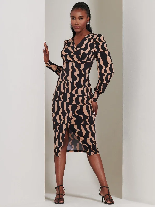 Maxi dresses with a ruffled neckline for a charming lookJersey Wrap Slit Pencil Dress, Brown Pattern Maxi dresses with a ruffled neckline for a charming lookJersey Wrap Slit Pencil Dress, Brown Pattern