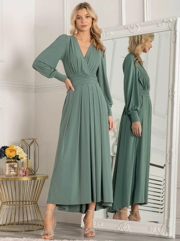 Maxi dresses with a button - down front for a classic lookRashelle Jersey Long Sleeve Maxi Dress, Pleat Green Maxi dresses with a button - down front for a classic lookRashelle Jersey Long Sleeve Maxi Dress, Pleat Green