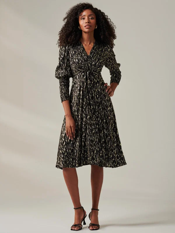 Maxi dresses with fringe trim for a bohemian vibeLayla Long Sleeve Metallic Wrap Dress, Black/Gold Maxi dresses with fringe trim for a bohemian vibeLayla Long Sleeve Metallic Wrap Dress, Black/Gold