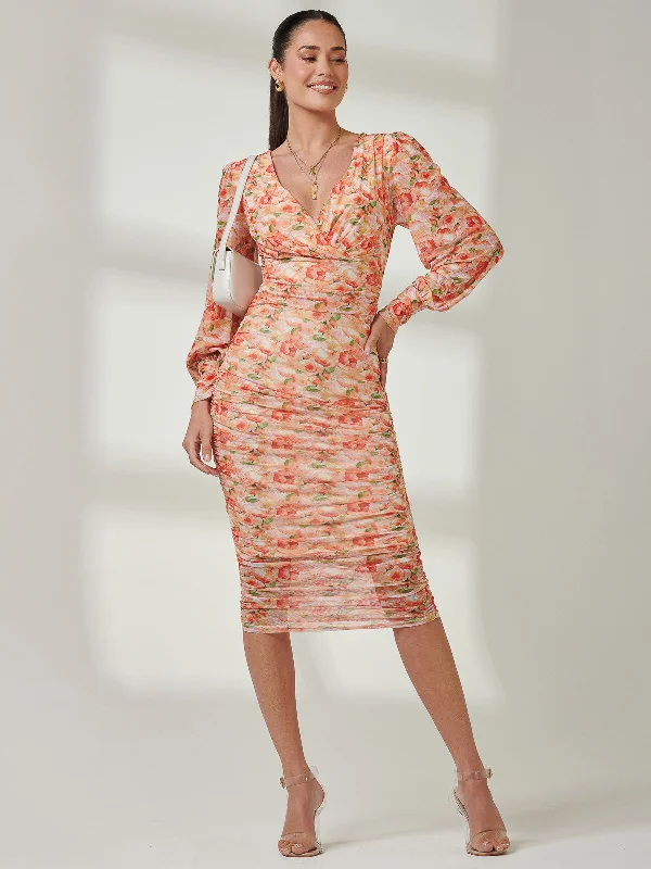Maxi dresses with a gathered skirt for a voluminous and dramatic effectLong Sleeve Ruched Mesh Midi Dress, Orange Multi Maxi dresses with a gathered skirt for a voluminous and dramatic effectLong Sleeve Ruched Mesh Midi Dress, Orange Multi