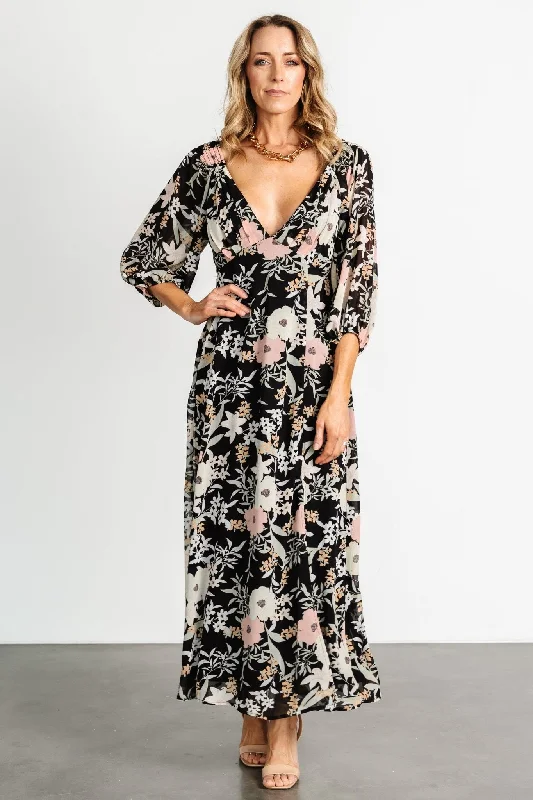 Denim maxi dresses with frayed hems for a casual lookMaisie Maxi Dress | Black Floral Denim maxi dresses with frayed hems for a casual lookMaisie Maxi Dress | Black Floral
