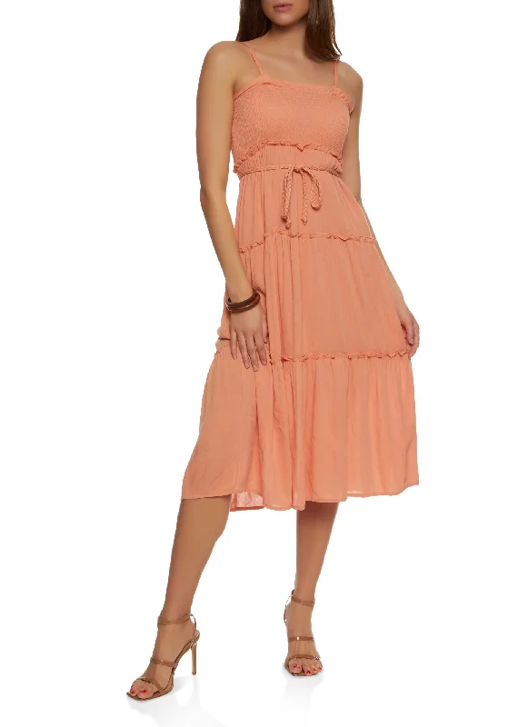 Denim maxi dresses with frayed hems for a casual lookTiered Braided Belt Cami Dress