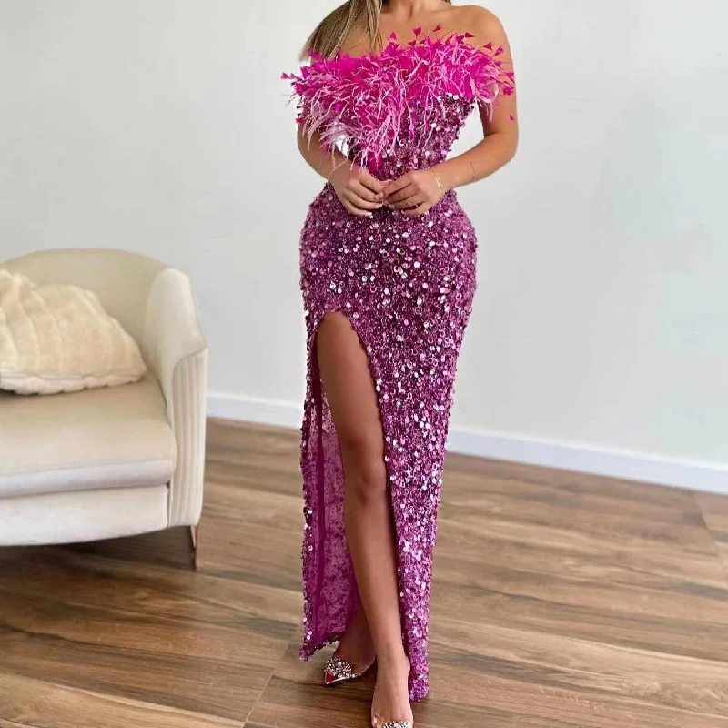 Maxi dresses with a gathered skirt for a voluminous and dramatic effectKittenAlarm - Parker Strapless Feather & Sequin Embellishment Side Slit Maxi Dress Maxi dresses with a gathered skirt for a voluminous and dramatic effectKittenAlarm - Parker Strapless Feather & Sequin Embellishment Side Slit Maxi Dress