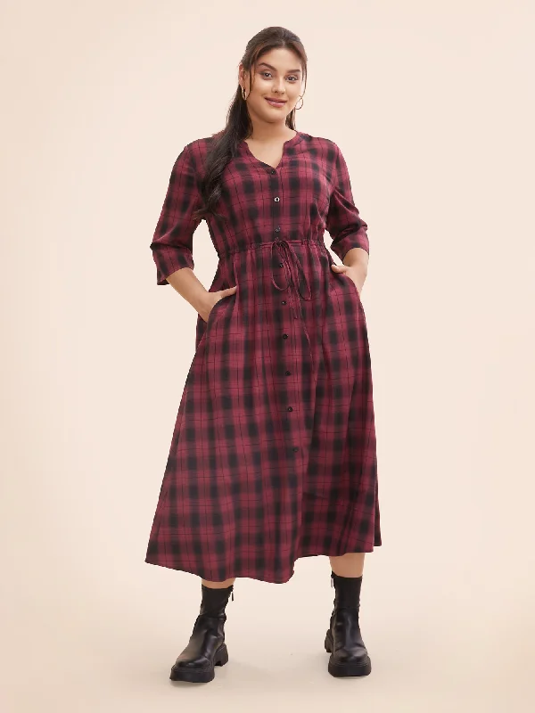 Plaid Drawstring Notched Pocket Maxi Dress