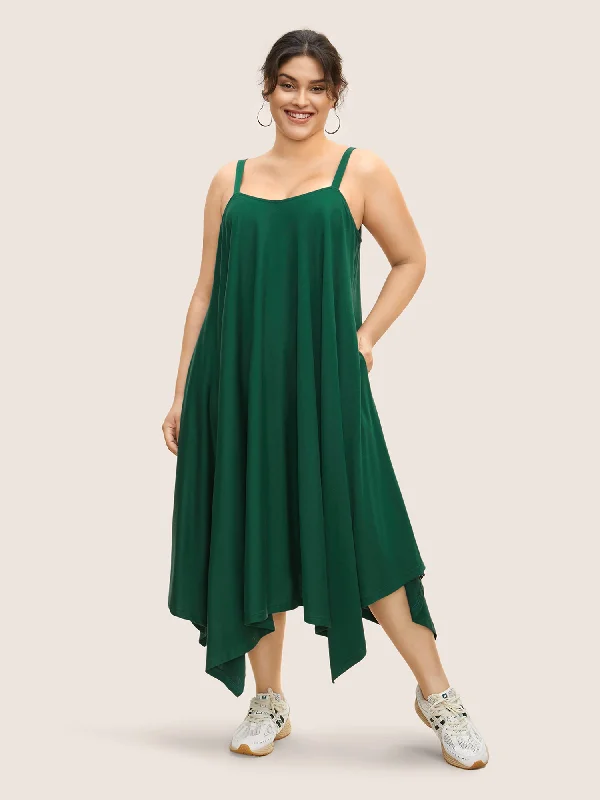 Solid Asymmetrical Hem Pocket Cami Dress