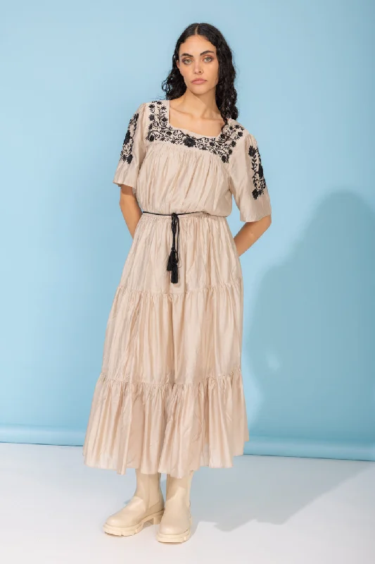 Maxi dresses with an empire waist for a flattering fit on all body typesStevie Dress Taupe Black Embroidery Maxi dresses with an empire waist for a flattering fit on all body typesStevie Dress Taupe Black Embroidery