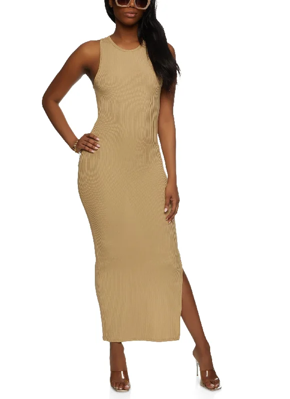 Sequined maxi dresses for formal evening galasRib Knit Side Slit Tank Dress