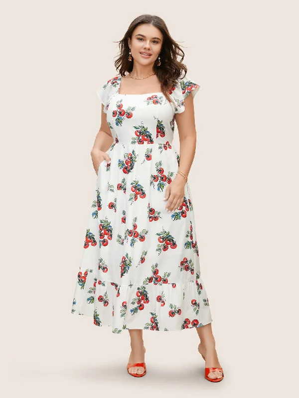 Tomato Print Square Neck Ruffle Cap Sleeve Dress