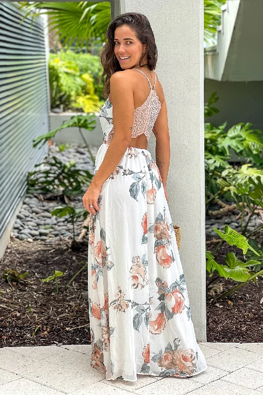 Ruffled maxi dresses with a tiered skirt for added volumeWhite And Salmon Floral Maxi Dress With Lace Back Ruffled maxi dresses with a tiered skirt for added volumeWhite And Salmon Floral Maxi Dress With Lace Back