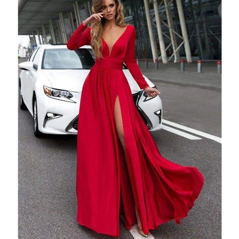 FashionSierra - Women Autumn Long Sleeve Maxi Dress Elegant Split Formal Evening Party Dress Fashion V neck Women vestidos