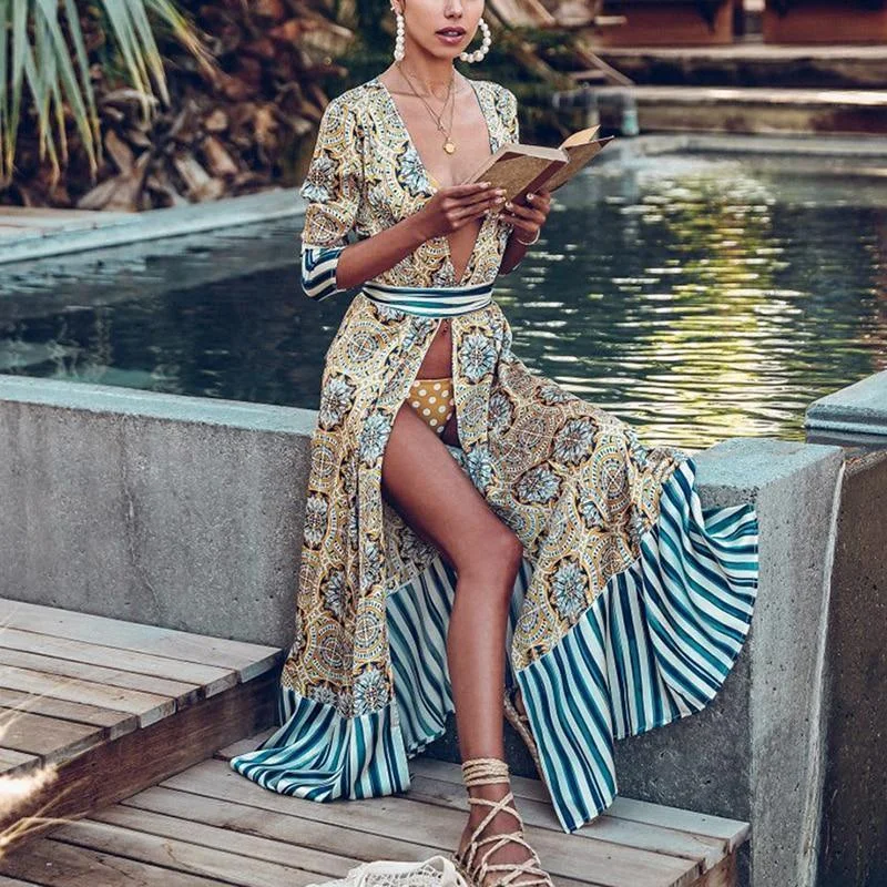 FashionSierra - Women Flower Striped Print Boho Dress Sashes Wrap Dress Summer Slit Long Sleeve Beach Maxi Dresses Vintage Robe Femme