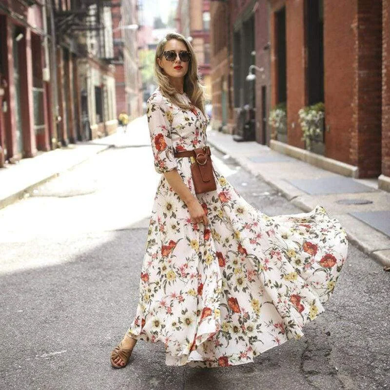 FashionSierra - Women's Boho Maxi Dress Floral Summer Beach Party Long Sundress Fashion Ladies Casual Daily Half Sleeve Dress Clothes