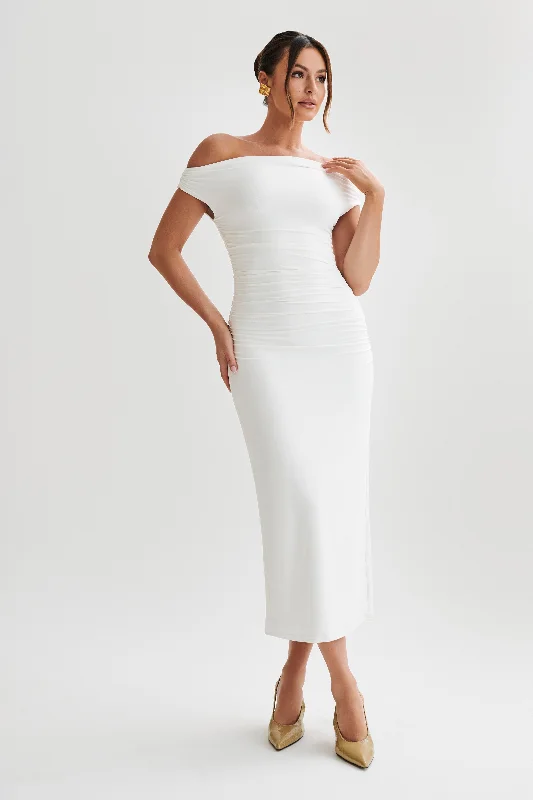 High - low midi dresses with geometric patterns for a modern partyAlayna Recycled Nylon Midi Dress - White High - low midi dresses with geometric patterns for a modern partyAlayna Recycled Nylon Midi Dress - White