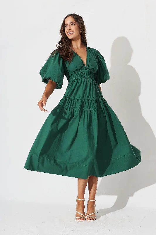 Maxi - inspired midi dresses with flowing fabrics for a beachy vibeAmalie Midi Dress In Green Cotton Maxi - inspired midi dresses with flowing fabrics for a beachy vibeAmalie Midi Dress In Green Cotton