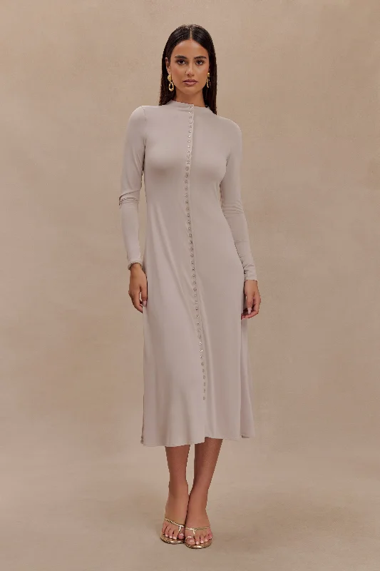 Midi dresses with ruched sleeves for a more fitted and stylish arm lookAnders Peached Jersey Midi Dress - Taupe