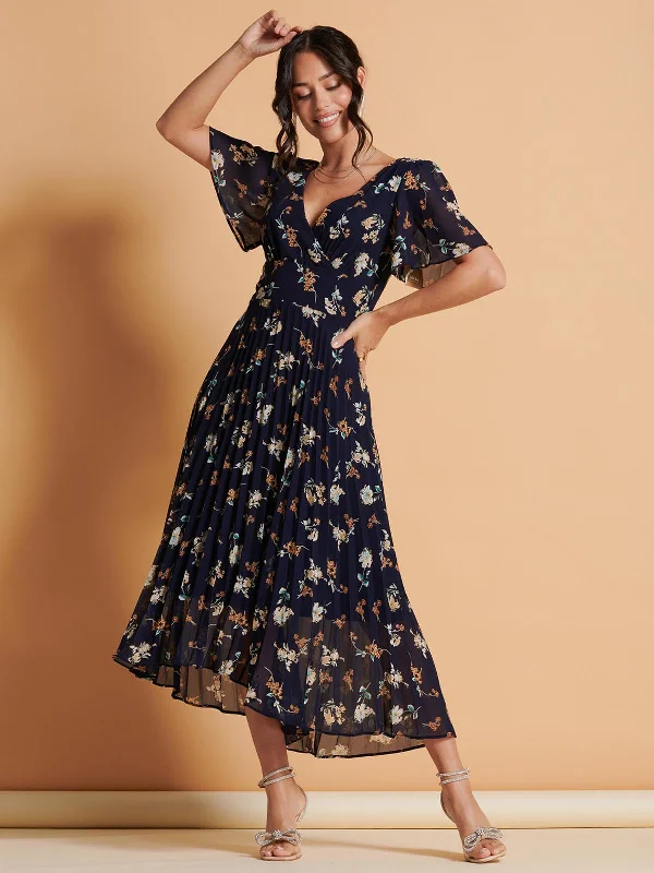 Midi dresses with ruched sleeves for a more fitted and stylish arm lookAngel Sleeve Pleated Chiffon Maxi Dress, Navy Floral Midi dresses with ruched sleeves for a more fitted and stylish arm lookAngel Sleeve Pleated Chiffon Maxi Dress, Navy Floral