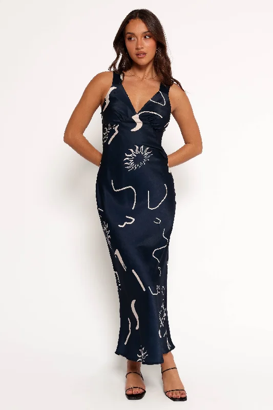 Midi dresses with puff sleeves for a vintage - inspired lookAshlyn Midi Dress - Navy Print Midi dresses with puff sleeves for a vintage - inspired lookAshlyn Midi Dress - Navy Print