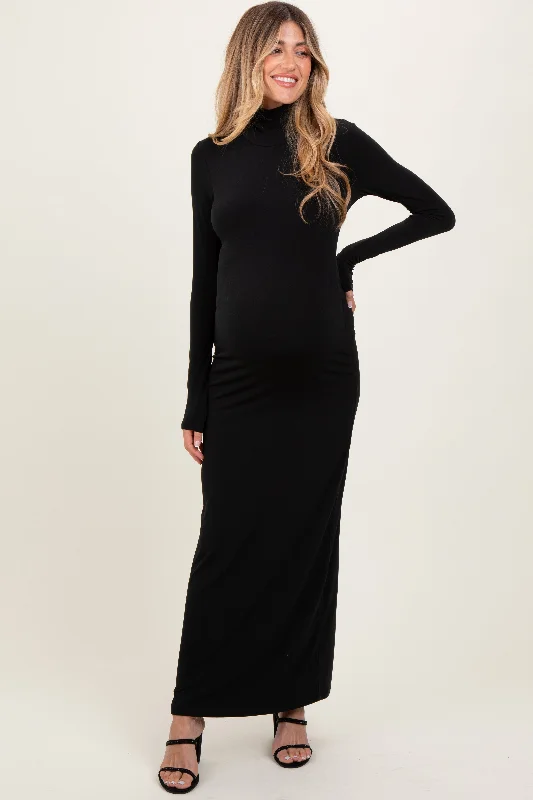Midi dresses with button - down skirts for a unique and functional designBlack Turtleneck Long Sleeve Fitted Maternity Maxi Dress