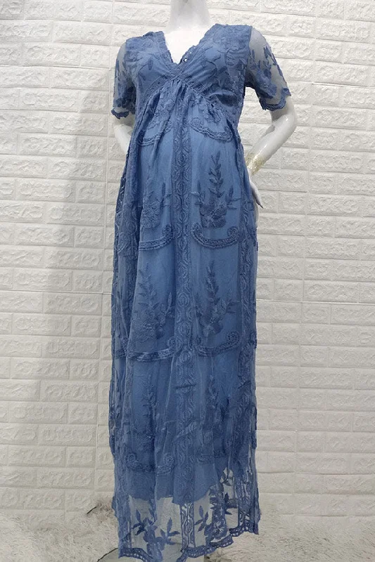 Midi dresses with ruffled sleeves for a more feminine and voluminous lookBlue Lace Short Sleeves Maternity Dress Photoshoot Gown Midi dresses with ruffled sleeves for a more feminine and voluminous lookBlue Lace Short Sleeves Maternity Dress Photoshoot Gown