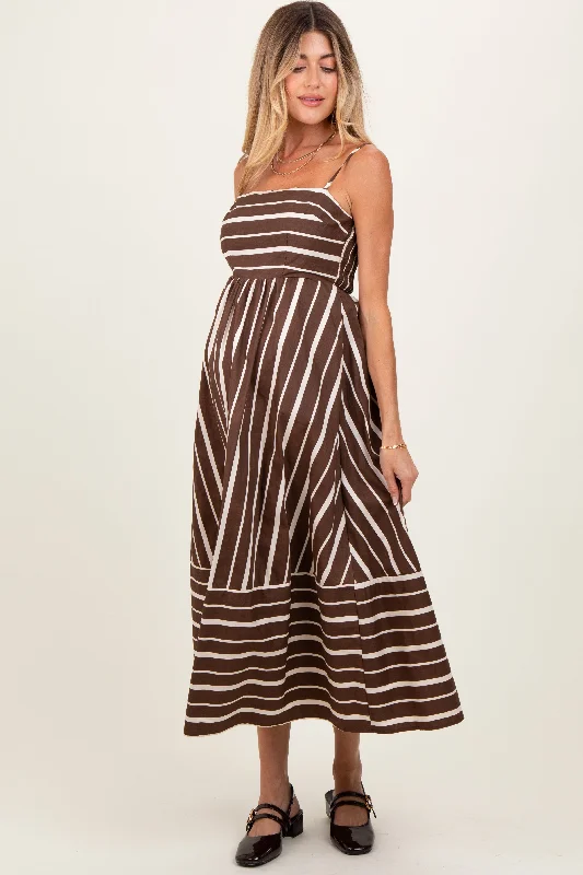Midi dresses with pleated skirts for a timeless and elegant appealBrown Striped Back Cutout Maternity Dress Midi dresses with pleated skirts for a timeless and elegant appealBrown Striped Back Cutout Maternity Dress