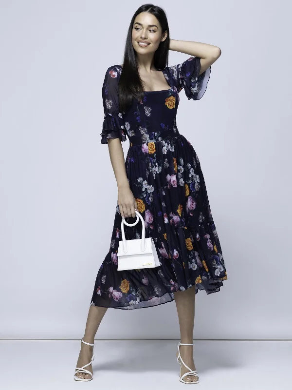Midi dresses with cold - shoulder cutouts for a trendy styleCarlene Mesh Square Neck Midi Dress, Navy Orange Floral