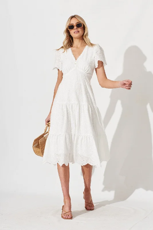 Midi dresses with tiered skirts for a bohemian festival lookCharm Midi Dress In White Broderie Midi dresses with tiered skirts for a bohemian festival lookCharm Midi Dress In White Broderie