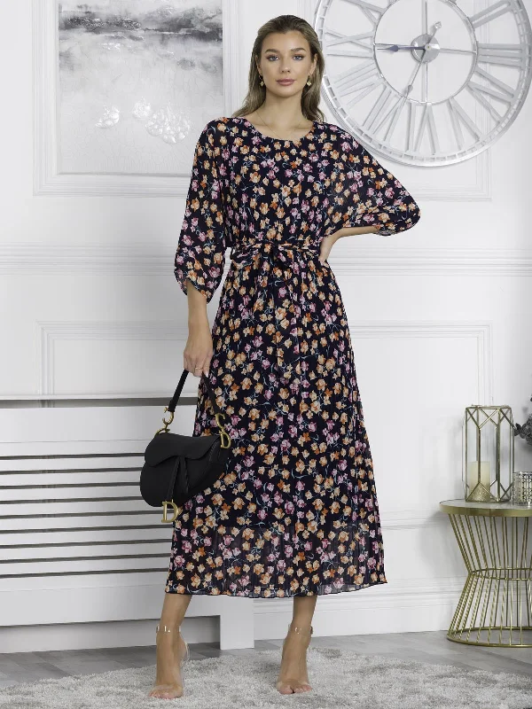 Midi dresses with tassel accents for a bohemian and free - spirited styleChiffon Pleated Batwing Sleeve Maxi Dress, Navy Floral Midi dresses with tassel accents for a bohemian and free - spirited styleChiffon Pleated Batwing Sleeve Maxi Dress, Navy Floral