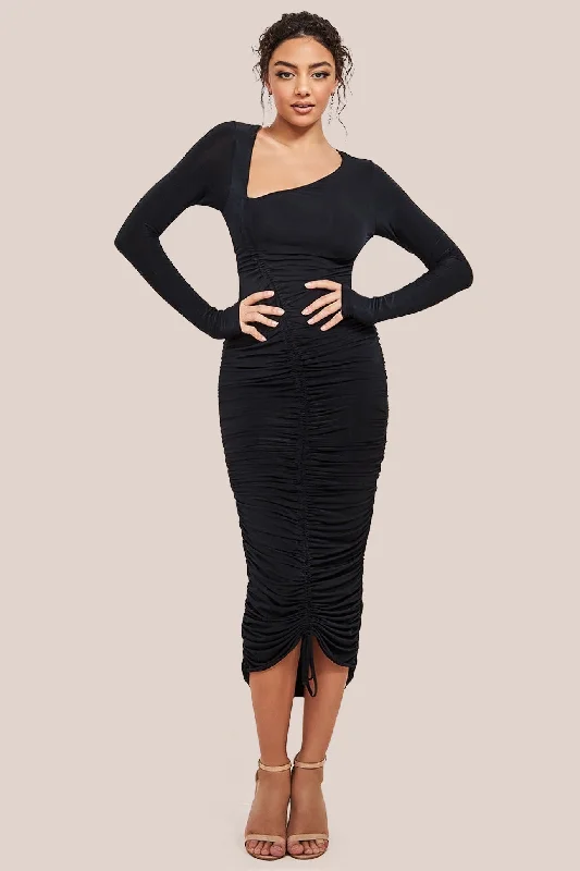 Midi dresses with ruffled sleeves for a more feminine and voluminous lookCity Goddess Asymmetrical Neck Ruched Midi Dress - Black Midi dresses with ruffled sleeves for a more feminine and voluminous lookCity Goddess Asymmetrical Neck Ruched Midi Dress - Black
