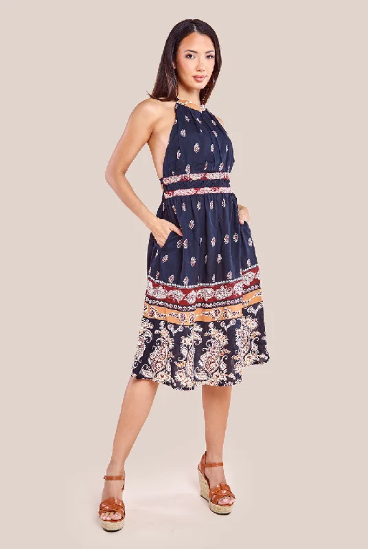 Maxi - inspired midi dresses with flowing fabrics for a beachy vibeCity Goddess Halter Neck Printed Midi Dress - Black