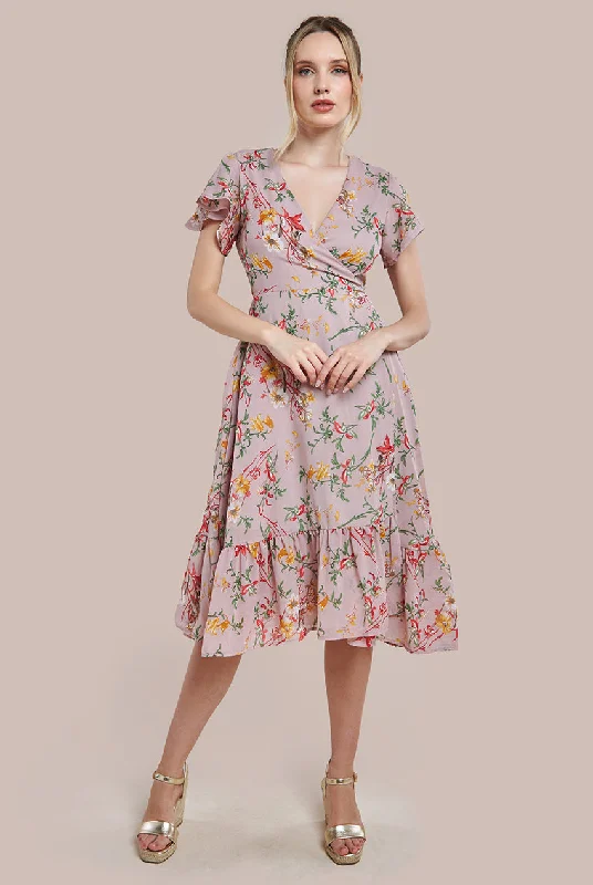 Sleeveless midi dresses with lace details for summer weddingsCity Goddess Wrap Flutter Sleeve Floral Midi Dress - Beige